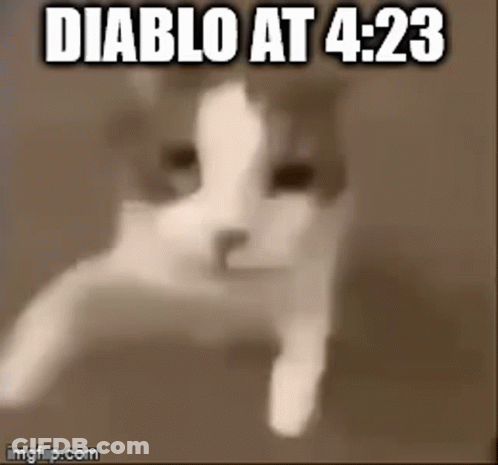 A Cat Pointing At The Camera With The Words Diablo At 4:23 GIF