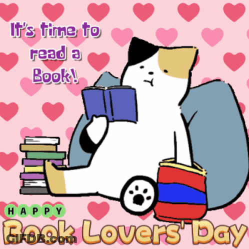 A Cat Reading A Book With The Words " It 'S Time To Read A Book ! " GIF