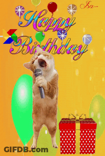 A Cat Singing Into A Microphone In Front Of Balloons And The Words Happy Birthday GIF
