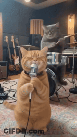 A Cat Singing Into A Microphone With Another Cat Playing Drums In The Background GIF