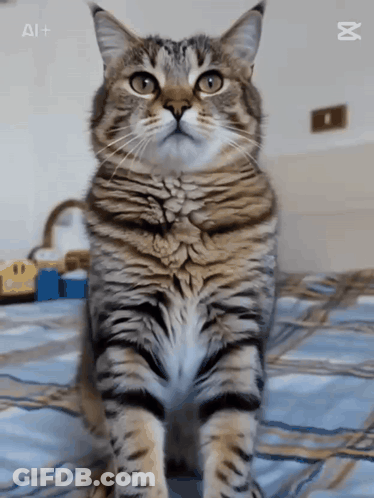 Cat Sitting On Bed With AI+ Watermark GIF