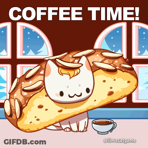 A Cat Sitting On Top Of A Pastry With The Words Coffee Time Written On It GIF