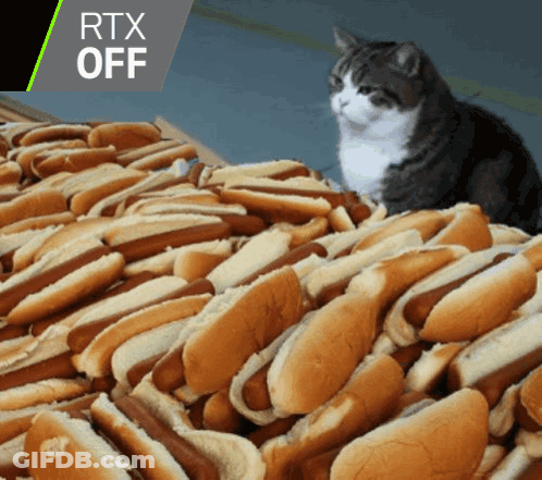 A Cat Sitting On Top Of A Pile Of Hot Dogs With Rtx Off Written In The Corner GIF