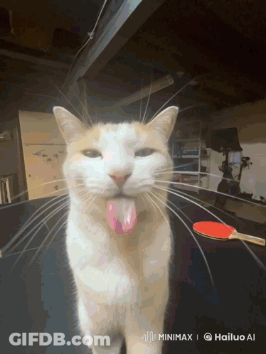 A Cat Sticking Its Tongue Out In Front Of A Ping Pong Paddle With The Hashtag Minimax On The Bottom Right GIF
