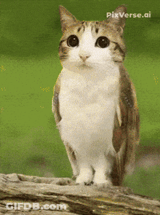 A Cat That Looks Like An Owl With Pixverse.ai Written On The Bottom Right GIF