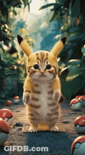 Pikachu-Like Cat Next To Pokémon Balls GIF