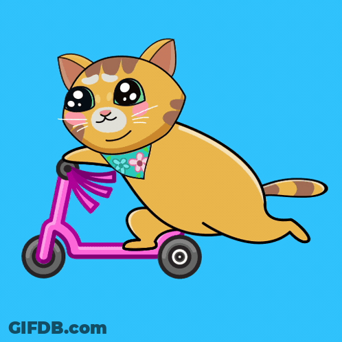 A Cat Wearing A Bandana Is Riding A Pink Scooter On A Blue Background GIF