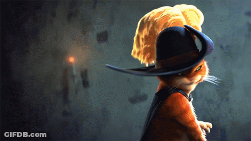 A Cat Wearing A Black Hat With A Yellow Feather On It GIF