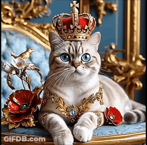 A Cat Wearing A Crown And Jewelry Is Laying On A Chair GIF