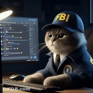 A Cat Wearing A Fbi Hat Sits At A Desk GIF