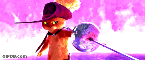 A Cat Wearing A Feathered Hat And Holding A Sword GIF