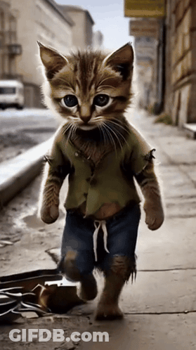 A Cat Wearing A Green Shirt And Blue Jeans Is Walking Down The Street GIF