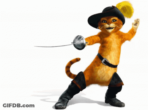A Cat Wearing A Hat And Boots Holding A Sword GIF