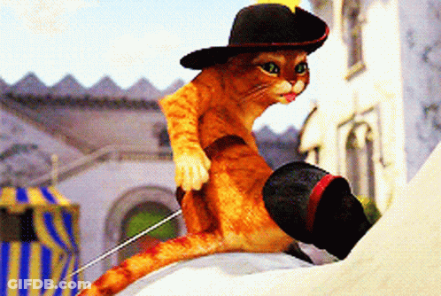 A Cat Wearing A Hat And Boots Is Sitting On A Blanket GIF