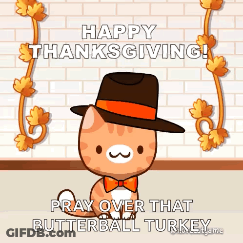 A Cat Wearing A Hat And Bow Tie Is Praying Over Butterball Turkey GIF