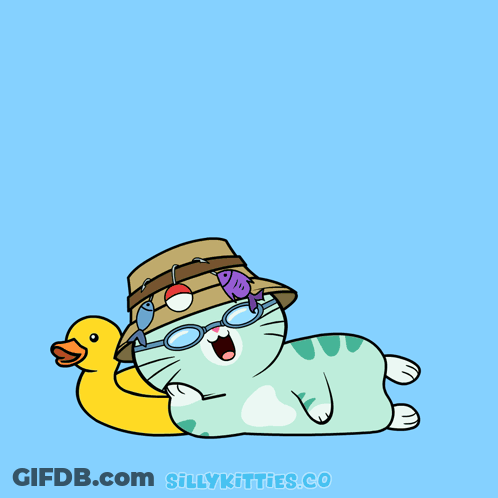 A Cat Wearing A Hat And Glasses Is Laying Next To A Yellow Rubber Duck And The Words Hello GIF