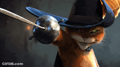 A Cat Wearing A Hat And Holding A Sword In Its Paw GIF