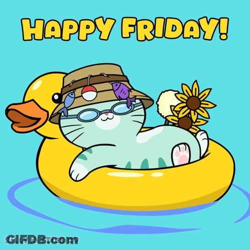 A Cat Wearing A Hat And Sunglasses Is Floating On A Rubber Duck With The Words Happy Friday Below It GIF