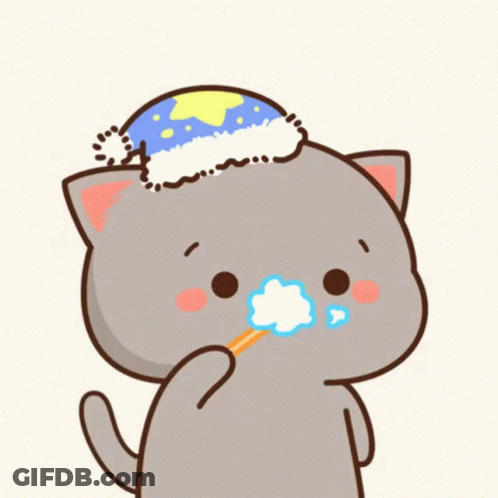 A Cat Wearing A Hat Is Brushing Its Teeth With A Toothbrush . GIF
