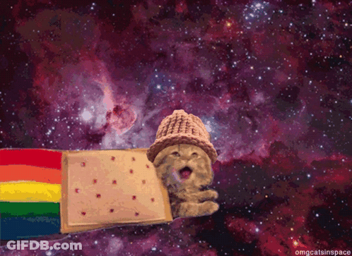A Cat Wearing A Hat Is Flying Through Space With A Rainbow Flag GIF