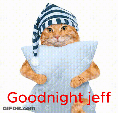 A Cat Wearing A Hat Is Holding A Pillow With The Words Goodnight Jeff Written On It GIF