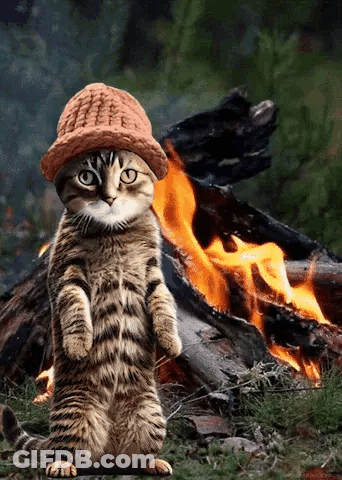 A Cat Wearing A Hat Standing In Front Of A Fire GIF