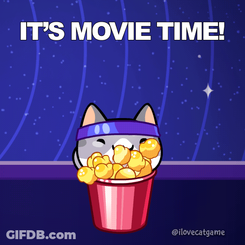 A Cat Wearing A Headband Is Holding A Bucket Of Popcorn With The Words " It 'S Movie Time " Below It GIF