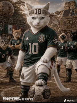 A Cat Wearing A Number 10 Jersey Stands Next To A Soccer Ball GIF