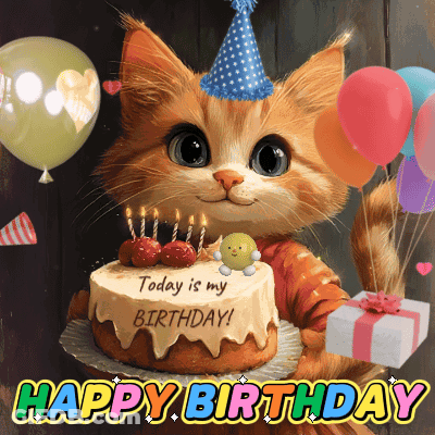 Cat Wearing Party Hat Holding Gift And Cake GIF