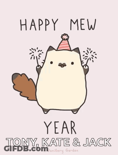 A Cat Wearing A Party Hat Is Holding Sparklers And Says Happy Mew Year Tony Kate And Jack GIF