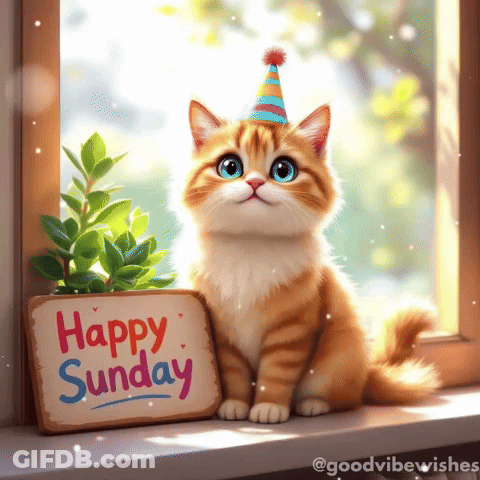 A Cat Wearing A Party Hat Sits Next To A Happy Sunday Sign GIF