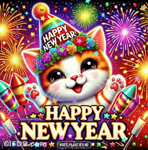 A Cat Wearing A Party Hat With The Words Happy New Year GIF