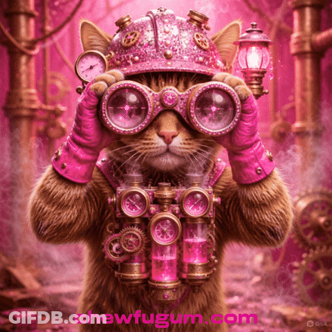 A Cat Wearing A Pink Helmet And Goggles Looks Through Binoculars With The Words Chewfugum.com Below It GIF