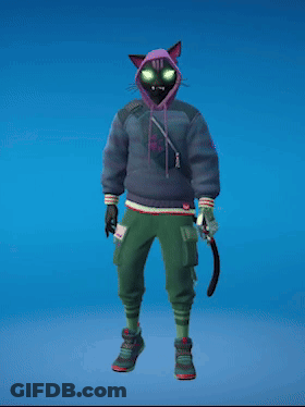 A Cat Wearing A Purple Hoodie And Green Pants Stands With His Arms Outstretched GIF