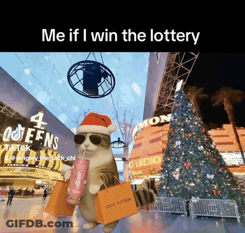 A Cat Wearing A Santa Hat And Sunglasses Is Holding Shopping Bags And Drinking From A Coca Cola Can . GIF