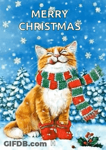 A Cat Wearing A Scarf And Boots Is Sitting In The Snow On A Merry Christmas Card . GIF