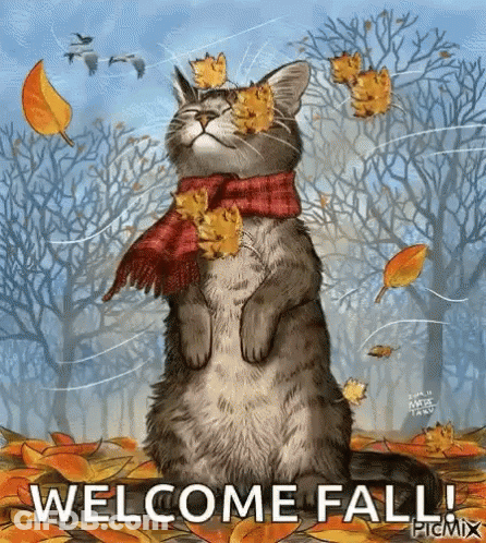 A Cat Wearing A Scarf And Leaves Is Standing In A Pile Of Leaves With The Words Welcome Fall . GIF