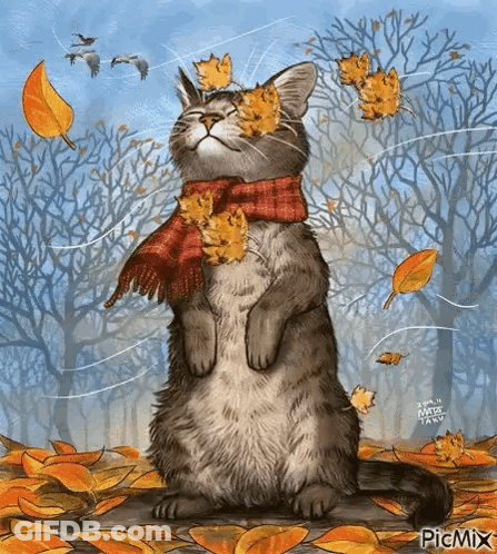 A Cat Wearing A Scarf And Leaves On Its Face Is Standing In A Pile Of Leaves In A Forest . GIF