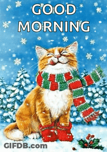 A Cat Wearing A Scarf And Mittens Is Sitting In The Snow With The Words Good Morning Below It GIF