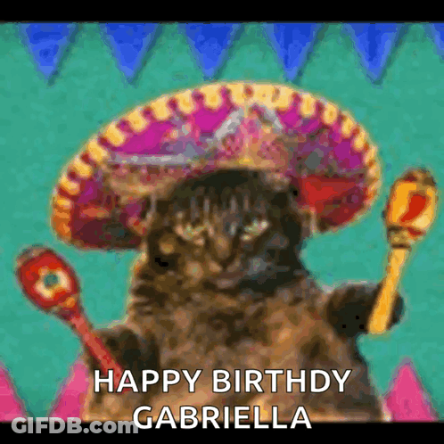 A Cat Wearing A Sombrero Is Holding A Maraca And A Happy Birthday Message . GIF