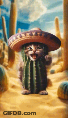 A Cat Wearing A Sombrero On Top Of A Cactus In The Desert GIF