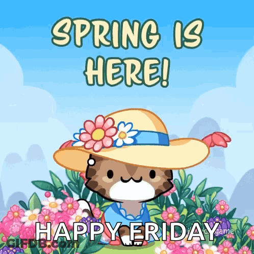 A Cat Wearing A Straw Hat With Flowers On It Says Spring Is Here GIF