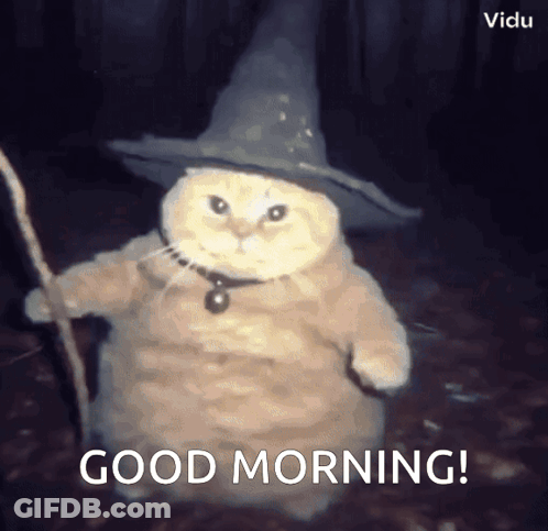 A Cat Wearing A Witch Hat And Holding A Cane With The Words Good Morning Below It GIF