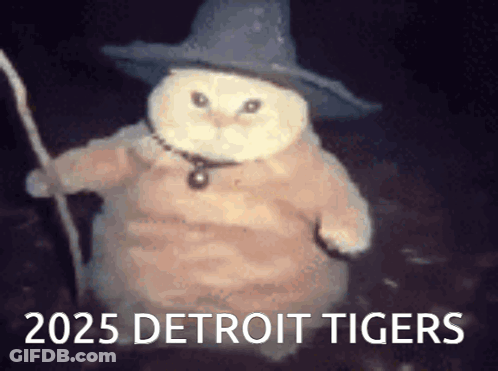 A Cat Wearing A Wizard Hat And Holding A Cane With The Words 2025 Detroit Tigers GIF