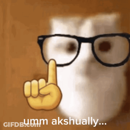 A Cat Wearing Glasses And A Yellow Finger Pointing Up With The Words Umm Akshually Below It GIF