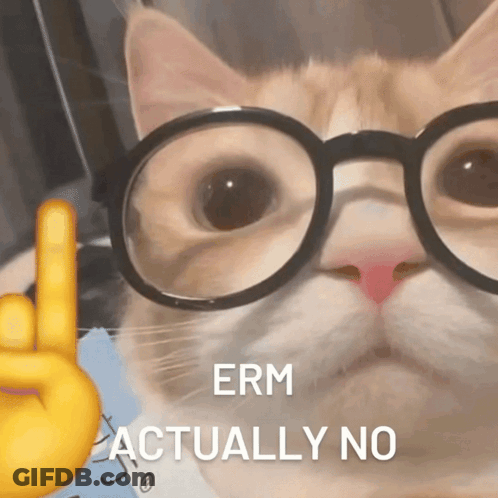 A Cat Wearing Glasses And Giving A Peace Sign With The Words Erm Actually No Below It GIF