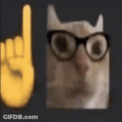 A Cat Wearing Glasses Is Next To A Yellow Hand Making A Horns Up Sign . GIF