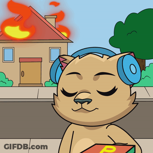 A Cat Wearing Headphones Is Holding A Box With The Letter P On It In Front Of A Burning House GIF