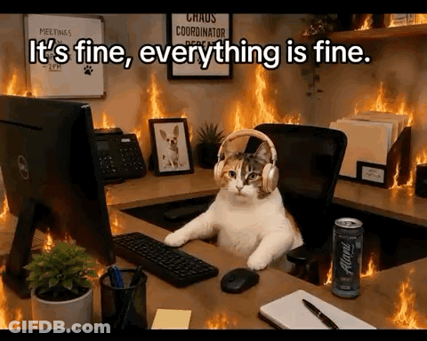 A Cat Wearing Headphones Sits At A Desk In Front Of A Computer And Says It 'S Fine GIF