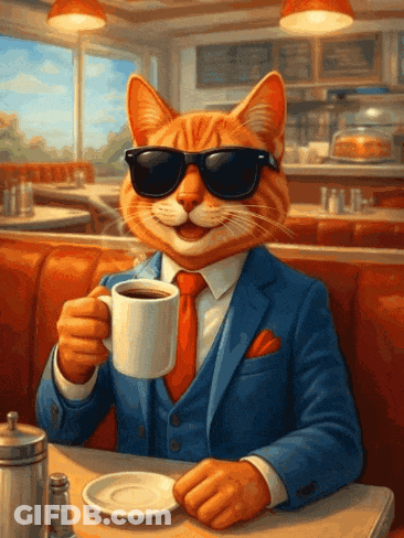 A Cat Wearing Sunglasses And A Suit Is Drinking Coffee GIF